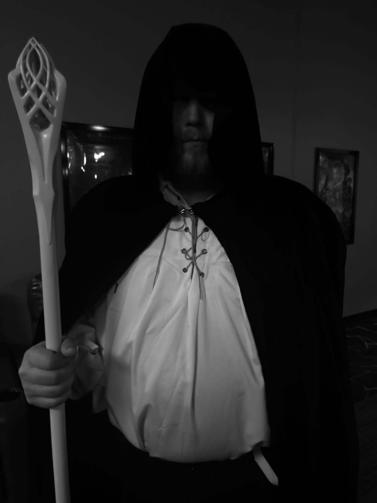 Hooded wizard holding a glowing white staff